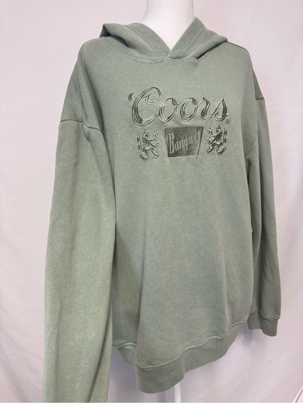 Coors Banquet Beer Hoodie Mens L Large Faded Sage Green Graphic Back Pullover